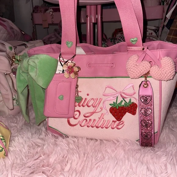 Juicy Couture Retro Sterawberry Pink & Green Tote (Powder Blush) - Picture 2 of 8